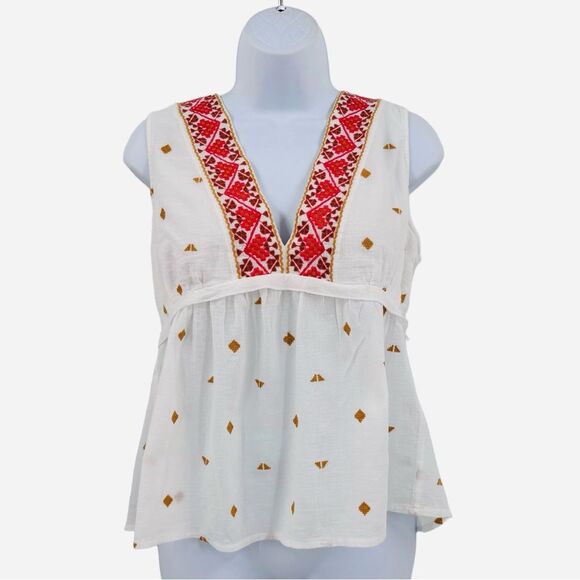 Lucky Brand Romantic Aztec Design Embroidered Babydoll Sleeveless Cotton Top - Picture 2 of 12